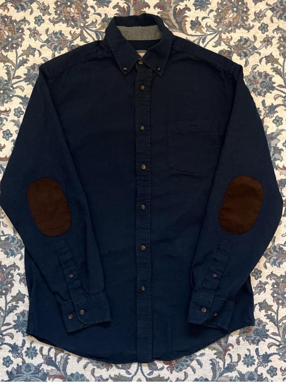 Haggar Navy Button-Down Shirt with Brown Elbow Patches